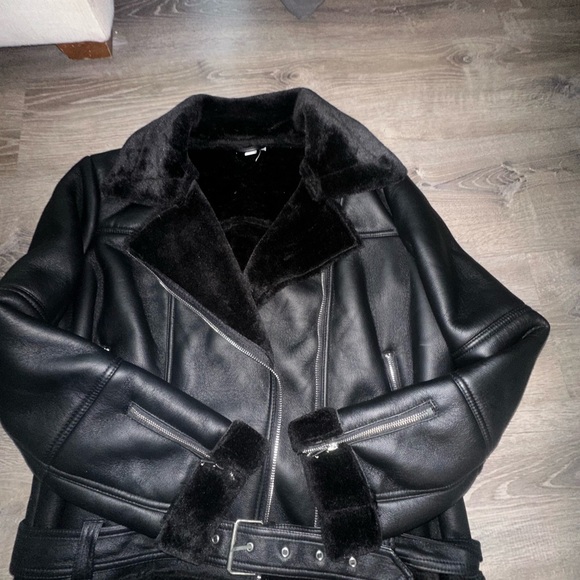 Topshop Black Leather Jacket with Belted Detail - Picture 2 of 7